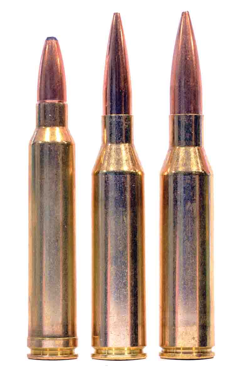 The .300 Winchester Magnum (left) is dwarfed by the .300 (center) and .338 (right) Norma Magnums.
